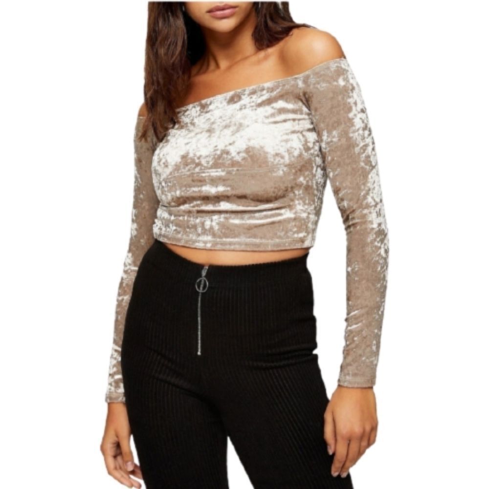 TOPSHOP Champagne Crushed Velvet Long Sleeve Bardot Crop Top Womens Size 6